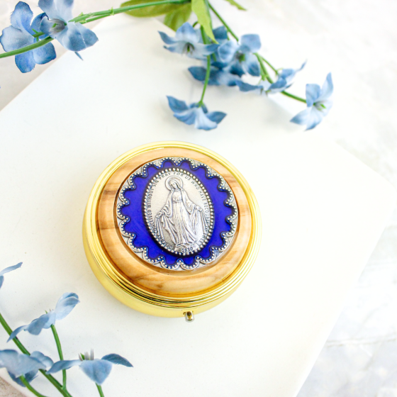 Our Lady of Grace Olive Wood Pyx / Rosary Case – 2-1/4", Blue & Two-Tone (Minimum quantity purchase is 1)