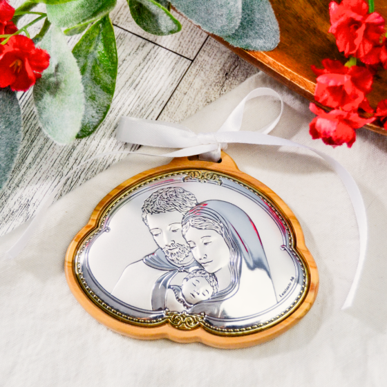 Holy Family Keepsake Ornament - 3 3/4" x 3 1/4" Olivewood & Sterling Silver, Made in Italy  (Minimum quantity purchase is 1)