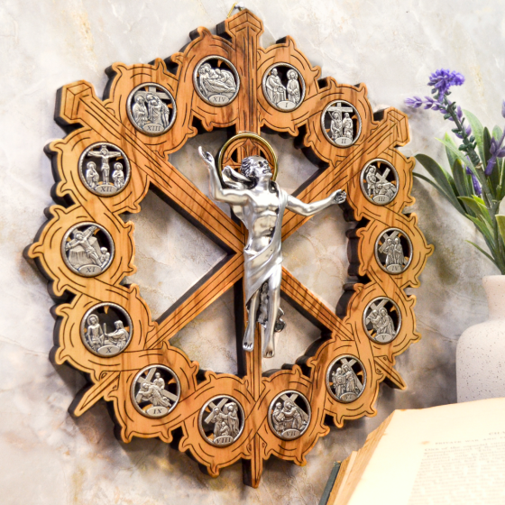 Stations of the Cross Crown of Thorns & Three Nails Wall Plaque (Olivewood) – 11", Made in Italy  (Minimum quantity purchase is 1)