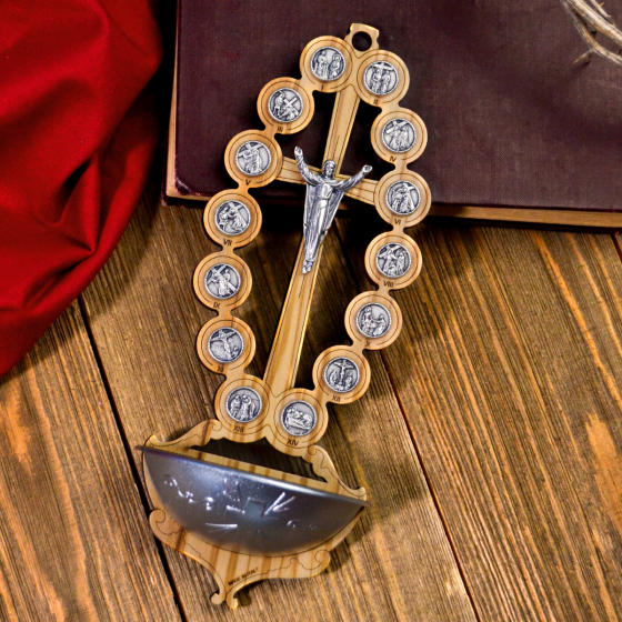 Stations of the Cross Holy Water Font (Oval Open Design) – 7" Olivewood, Made in Italy (Minimum quantity to purchase is 1)  