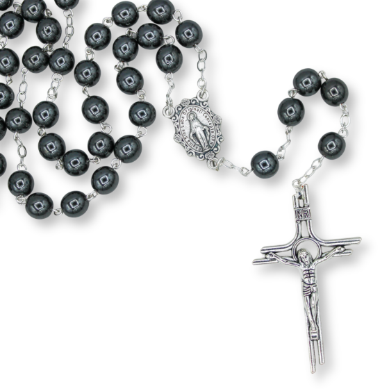 Miraculous Medal Rosary with Hematite 8mm Beads – Silver Tone, 21.5" (Minimum quantity purchase is 1)