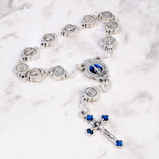 Miraculous Medal Decade Rosary Chaplet (9mm Marian Beads & Blue Enamel Accents) – Silver Oxidized, Made in Italy * (Minimum quantity purchase is 1)
