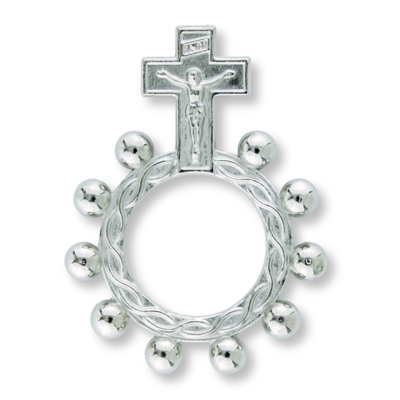 Crucifix Finger Rosary Ring – One Decade Pocket Rosary, 1 3/4" Silver Plated, Made in Italy * (Minimum quantity purchase is 2)