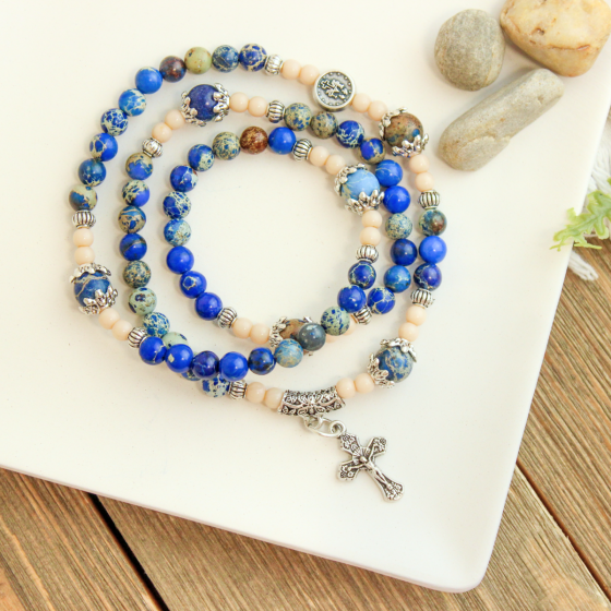 Triple Wrap Stretch Bracelet with 6mm Emperor Jasper Blue Stone Beads and Crucifix Charm *  (Minimum quantity purchase is 1)