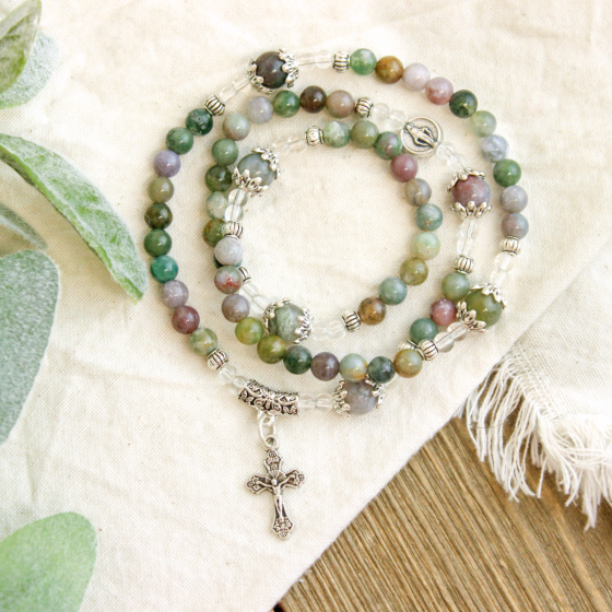  Triple Wrap Stretch Bracelet with 6mm Indian Agate Natural Stone Beads and Crucifix Charm   (Minimum quantity purchase is 1)