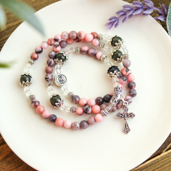 Triple Wrap Stretch Bracelet with 6mm Pink Jasper Beads and Miraculous Medal and Crucifix Charm  (Minimum quantity purchase is 1)