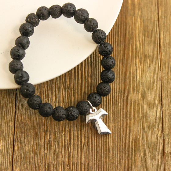  Black Lava Stone Stretch Bracelet with Tau Cross Charm *    (Minimum quantity purchase is 1)