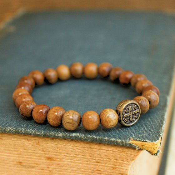 Saint Benedict Wood Bead Stretch Unisex Bracelet  (Minimum quantity purchase is 1)