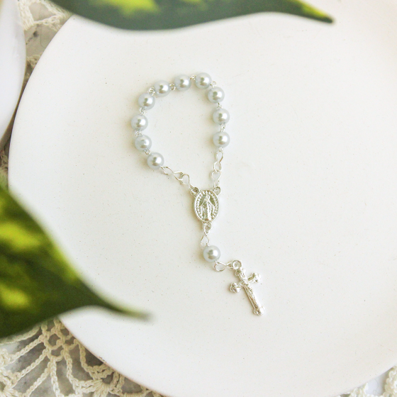 Pocket Rosary with Blue Faux Pearl Beads and Miraculous Medal Center   (Minimum quantity purchase is 1)