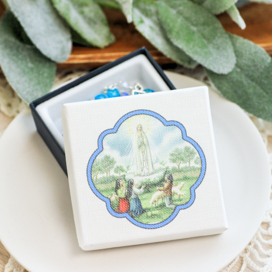 Our Lady of Fatima Rosary – 6mm Tri-Color Blue Faceted Crystal Beads with Gift Box, Made in Italy *