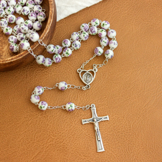 Purple and White 8mm Ceramic Bead Rosary with Our Lady of Fatima Center and Crucifix - 20"  * (Minimum quanity purchase is 1) 