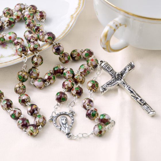 Purple Cloisonné Rosary – 8mm Floral Beads, Made in Portugal