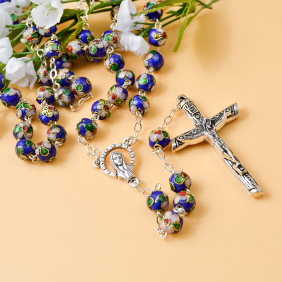 Royal Blue Cloisonné Rosary – 8mm Floral Beads, Made in Portugal