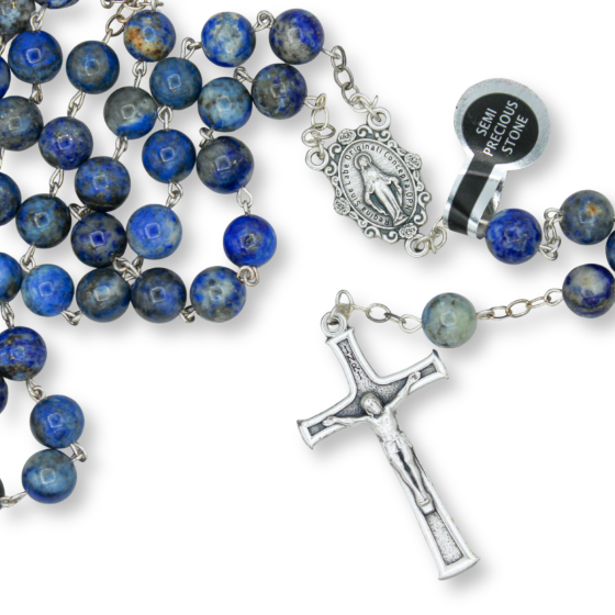Lapis Lazuli Semi-Precious Stone 8mm Bead Rosary - Silver Tone, 21"  (Minimum quantity purchase is 1)