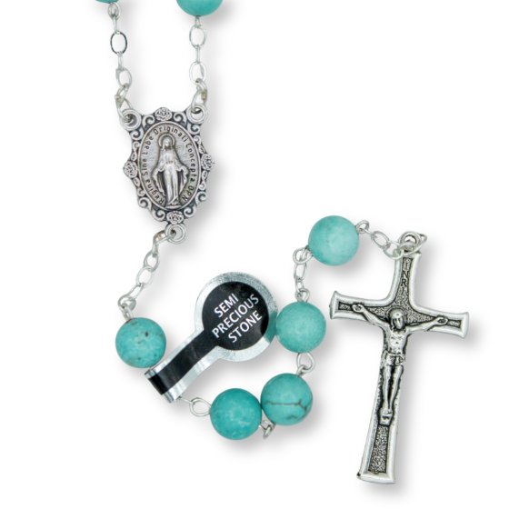 Turquoise Stone Rosary – 8mm Beads with Miraculous Medal Center, Made in Portugal *