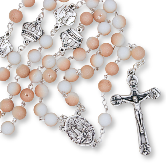 Our Lady of Fatima Rosary with 8mm White Peach Sand Sparkling Beads - 20.5"   (Minimum quantity purchase is 1)