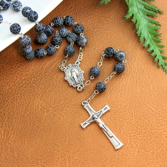 Navy Blue 8mm Agate Stone Bead Rosary with Miraculous Medal Center - 20"    (Minimum qty. purchase is 1)