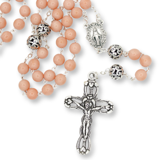 Peach Opaque Glass 8mm Bead Rosary with Miraculous Medal Centerpiece – Silver Tone, 21"   (Minimum quantity purchase is 1)