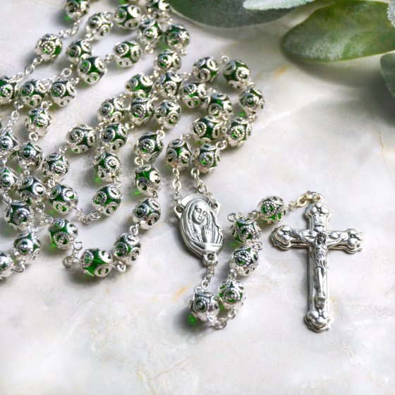   Double Capped Bead Rosary with 9mm Emerald Green (May) Glass Beads - 24" *   (Minimum quantity purchase is 1)