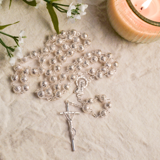 Silver Plated Filigree Rosary with 8mm Beads - 22"  (Minimum quantity purchase is 1)