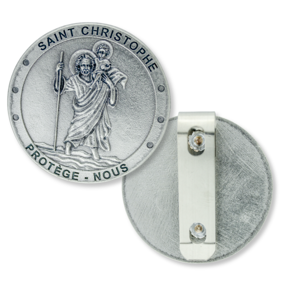 St. Christopher Round Auto Visor Clip – 2" Diameter, Silver Ox (French)  (Minimum qty. purchase is 1) 