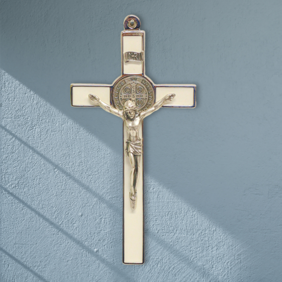 St Benedict Metal Wall Crucifix – 8" White Enamel & Silver Oxidized, Made in Italy
