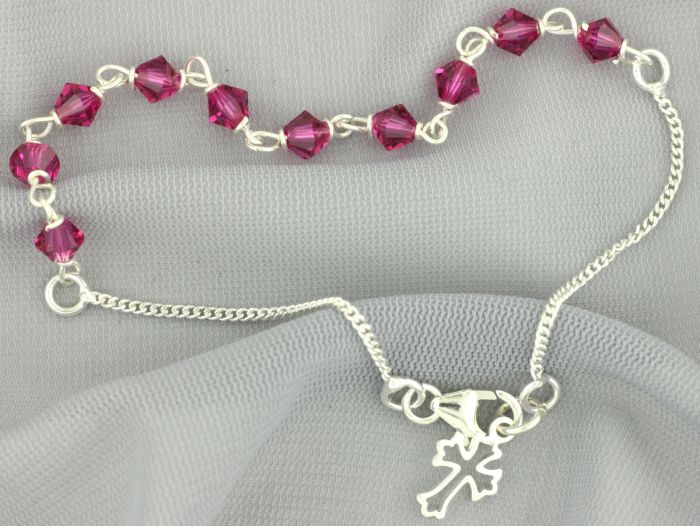  Sterling Silver Rosary Bracelet with Swarovski Crystals - Fuchsia *  (Minimum quantity purchase is 1)  
