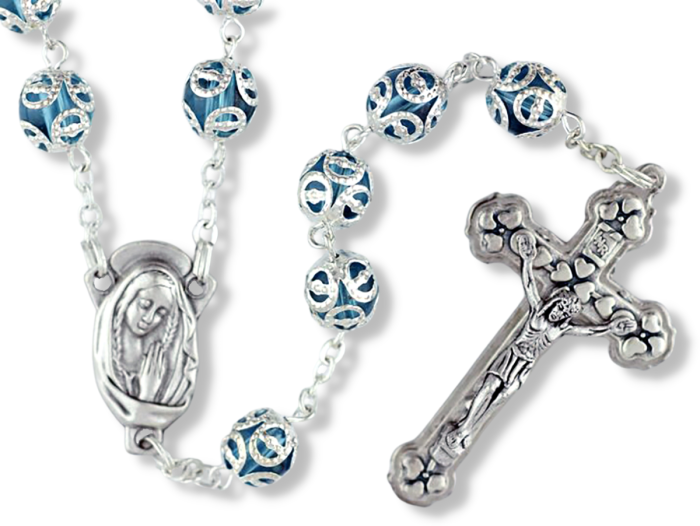 Double Capped Bead Rosary with 9mm Aqua Blue (December) Glass Beads - 24" * (Minimum quantity purchase is 1)