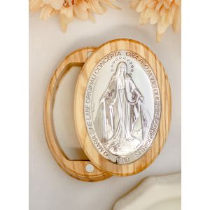 Miraculous Medal Magnetic Rosary Box – 3.5" Oval Olivewood & Sterling Silver, Made in Italy  (Minimum quantity purchase is 1)