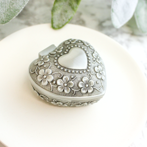2.5" Floral Heart Metal Rosary Box - Antique Silver Finish  *   (Minimum quantity purchase is 1)  