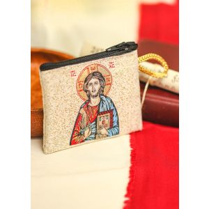 Christ the Teacher Rosary Pouch – 2.5" x 3" Zippered Woven Case, Made in Italy
