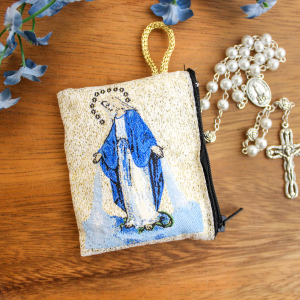Our Lady of Grace Rosary Pouch – 2.5" x 3" Zippered Woven Case, Made in Italy *