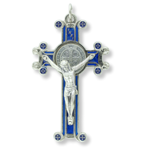St. Benedict Scroll Edge Crucifix – Blue Enamel, 3" Silver Ox (Minimum qty. purchase is 1)