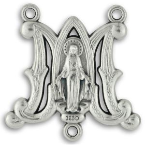 Miraculous Medal "M" Rosary Center - 1" Silver Oxidized, Made in Italy