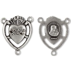 Sacred Heart Rosary Center – 7/8" Silver Oxidized Heart Shape, Made in Italy * (Minimum quantity purchase is 2)