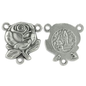 Our Lady of Lourdes Rose Rosary Center with St Bernadette - 5/8" Silver Oxidized, Made in Italy  (Minimum quantity purchase is 3)