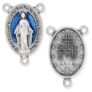 Blue Miraculous Medal Rosary Center (English) – 1" Oval Silver Oxidized, Made in Italy * (Minimum quantity purchase is 2)