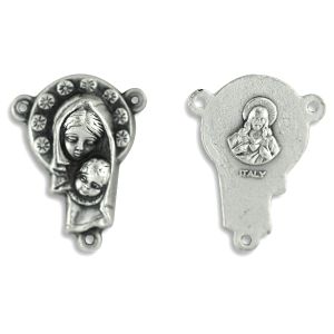 Madonna and Child Rosary Center with Sacred Heart – 3/4" Silver Oxidized, Made in Italy   (Minimum quantity purchase is 2)