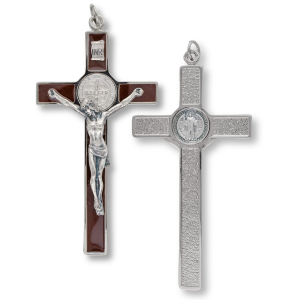 St Benedict Brown Enamel Crucifix Pendant – 4 1/2" Silver Oxidized, Made in Italy  *  (Minimum quantity purchase is 1)
