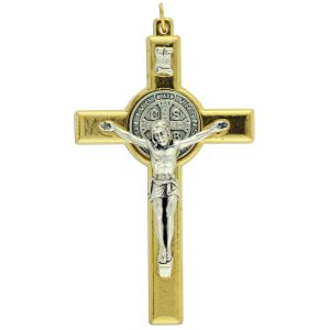 St Benedict Two Tone Crucifix Pendant - 3 1/8" Made in Italy *    (Minimum quantity purchase is 1)