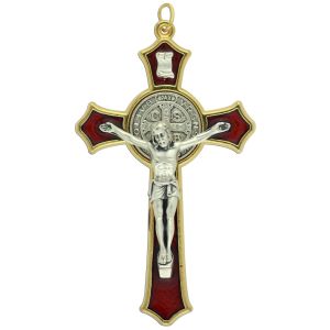  St Benedict Gold Tone Crucifix with Red Enamel - 3 1/8" Made in Italy *  (Minimum quantity purchase is 1)