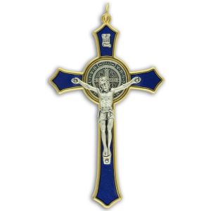 St Benedict Crucifix with Blue Enamel - 3 1/8" Two Tone, Made in Italy *  (Minimum quantity purchase is 1)