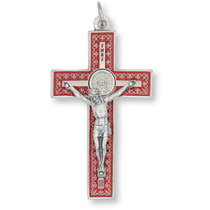 St. Benedict Straight Edge Baroque Inspired Crucifix - 3-1/8", Silver Ox & Red Enamel   (Minimum quantity purchase is 1)