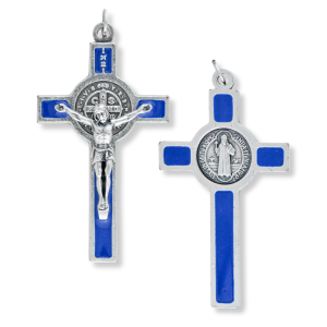 St Benedict Blue Enamel Silver Oxidized Crucifix Pendant – 2 1/8", Made in Italy *  (Minimum quantity purchase is 1)