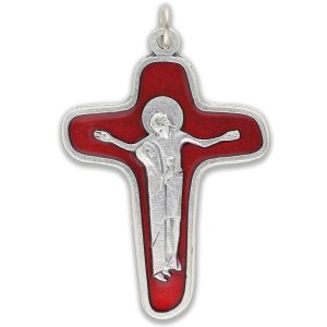 Our Lady at the Cross Crucifix - 1 7/8" Red Enamel, Made in Italy *