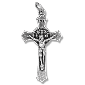 St Benedict Flared Edge Crucifix - 1.5" Silver Oxidized, Made in Italy  * (Minimum quantity purchase is 3)