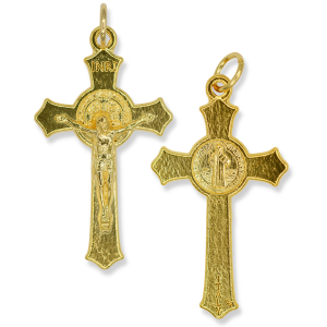 St Benedict Flared Edge Crucifix - 1 1/2" Gold Plated, Made in Italy  * (Minimum quantity purchase is 3)