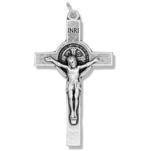 St. Benedict Rosary Crucifix (Straight Edge) – 2-1/8" Silver Oxidized, Made in Italy  (Minimum quantity purchase is 1)