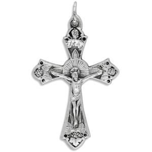 Small Grape and Vine Sunburst Crucifix -7/8" Silver Oxidized, Made in Italy *  (Minimum quantity purchase is 2)