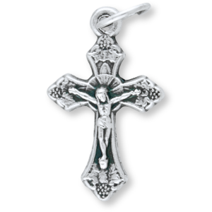 Small Grape and Vine Sunburst Crucifix - 7/8" Silver Oxidized, Made in Italy *  (Minimum quantity purchase is 3)